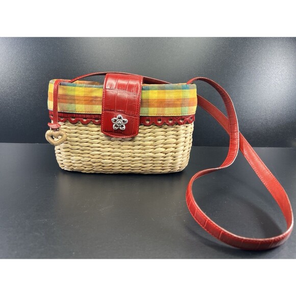 Brighton Woven Straw Basket Madras Plaid Silk Croc Leather Accent Shoulder Bag - Picture 1 of 14